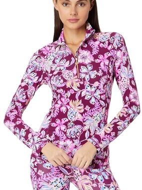 Lilly Pulitzer JUSTINE HALF ZIP Pink and Light Blue Floral Quarter-Zip Top